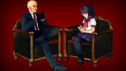 Rule 34 | 1boy, 1girl, agent 47, ayano aishi, bald, black hair, couch, crossover, formal, gloves, hitman (game), jpeg artifacts, notebook, notepad, one on one, pantyhose, ponytail, school uniform, serafuku, source request, suit, taking notes, yandere simulator