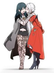 Rule 34 | 2girls, blue eyes, blue hair, blush, breasts, byleth (female) (fire emblem), byleth (fire emblem), cape, cleavage, closed mouth, edelgard von hresvelg, fire emblem, fire emblem: three houses, gloves, hair ornament, high heels, kiss, large breasts, long hair, long sleeves, looking at viewer, medium hair, multiple girls, navel, nieto tokage, nintendo, open mouth, pantyhose, red cape, ribbon, simple background, smile, white hair, yuri