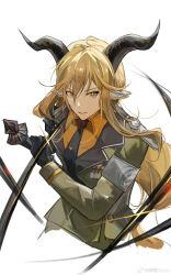 Rule 34 | 1girl, absurdres, ahoge, animal ear fluff, animal ears, arknights, armband, armor, artist name, asymmetrical hair, asymmetrical sidelocks, black gloves, black necktie, blonde hair, breasts, bright pupils, brown horns, chinese commentary, chinese text, collared shirt, commentary request, cropped legs, degenbrecher (arknights), double-parted bangs, dress shirt, epaulettes, gloves, goat ears, goat girl, goat horns, green jacket, green pants, grey armband, grin, hair between eyes, hair flowing over, hair tie, hand up, highres, holding, holding sword, holding weapon, horns, insignia, jacket, koroy, lapels, lips, long bangs, long hair, long sleeves, looking at viewer, low-tied long hair, medal, medium breasts, military, military jacket, military uniform, necktie, notched lapels, orange shirt, pants, parted lips, pauldrons, print armband, sheathed cut, shirt, shoulder armor, shoulder pads, sidelocks, simple background, single epaulette, single pauldron, slashing, smile, solo, standing, straight hair, sword, teeth, uniform, upper body, very long hair, watermark, weapon, weibo logo, weibo watermark, white background, white pupils, wing collar, yellow eyes