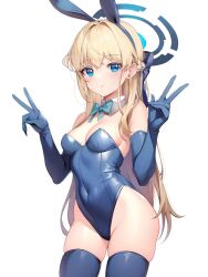 Rule 34 | 1girl, animal ears, aqua bow, aqua bowtie, blonde hair, blue archive, blue eyes, blue gloves, blue leotard, blue thighhighs, blush, bow, bowtie, braid, breasts, cleavage, covered navel, cowboy shot, detached collar, double v, elbow gloves, fake animal ears, gloves, halo, highleg, highleg leotard, highres, kakerayuri, leotard, medium breasts, official alternate costume, parted lips, playboy bunny, rabbit ears, simple background, solo, thighhighs, toki (blue archive), toki (bunny) (blue archive), v, white background