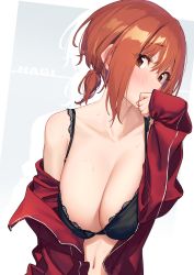 Rule 34 | 1girl, absurdres, baffu, bare shoulders, blush, borrowed character, bra, breasts, brown eyes, brown hair, character name, collarbone, covering own mouth, eyebrows, hand over own mouth, highres, large breasts, long sleeves, looking at viewer, low ponytail, navel, short hair, short ponytail, sleeves past wrists, solo, sweat, underwear