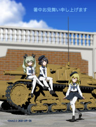 Rule 34 | 3d, 3d background, 3girls, ;), anchovy (girls und panzer), anzio school uniform, artist name, belt, beret, black belt, black footwear, black headwear, black neckwear, black ribbon, black skirt, blonde hair, blue sky, brown eyes, carpaccio (girls und panzer), closed eyes, closed mouth, cloud, cloudy sky, commentary, curtsey, dated, day, dress shirt, drill hair, girls und panzer, green hair, hair ribbon, hat, highres, loafers, long hair, long sleeves, looking at viewer, looking to the side, military, military vehicle, miniskirt, mixed media, motor vehicle, multiple girls, naotosi, necktie, on vehicle, one eye closed, outdoors, pantyhose, pepperoni (girls und panzer), pleated skirt, ribbon, school uniform, semovente 75/18, shadow, shirt, shochuumimai, shoes, sitting, skirt, skirt hold, sky, smile, standing, tank, tilted headwear, translated, twin drills, twintails, v arms, white legwear, white shirt, wing collar