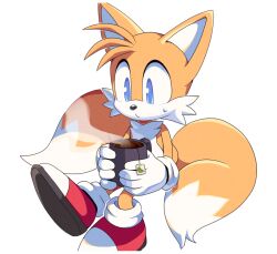 Rule 34 | 1boy, animal ears, animal nose, blue eyes, closed mouth, commentary, cup, english commentary, fox boy, fox ears, fox tail, furry, furry male, gloves, hands up, holding, holding cup, looking down, male focus, motobug, multiple tails, orange fur, red footwear, shoes, simple background, sitting, sneakers, socks, solo, sonic (series), steam, sweatdrop, tail, tails (sonic), tea, two tails, white background, white gloves, white socks