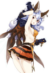 Rule 34 | 10s, 1girl, 218, :o, animal ears, arched back, arm behind head, armpits, backless outfit, belt, black panties, blue gloves, blue hair, breasts, brown eyes, cape, cowboy shot, earrings, erune, ferry (granblue fantasy), ferry (halloween) (granblue fantasy), gloves, granblue fantasy, halloween, hat, holding, holding cape, holding clothes, jack-o&#039;-lantern, jewelry, long hair, looking at viewer, mini hat, mini top hat, open mouth, panties, pantyshot, pleated skirt, rabbit ears, sideboob, simple background, skirt, sleeveless, solo, top hat, underwear, white background