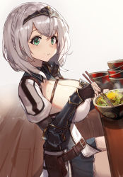 Rule 34 | 1girl, arm guards, armor, belt, blush, bowl, braid, breasts, chopsticks, cleavage, diadem, dress, eating, egg yolk, food, gloves, green eyes, grey dress, gyuudon, highres, hololive, large breasts, looking at viewer, mole, mole on breast, pauldrons, pelvic curtain, pouch, seon (seonon ), shirogane noel, shirogane noel (1st costume), short hair, shoulder armor, side braid, silver hair, single pauldron, sitting, solo, table, two-tone dress, virtual youtuber, white background, white dress, wooden floor