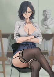 Rule 34 | 1girl, black garter straps, black gloves, black hair, black thighhighs, blue skirt, blush, breasts, cleavage, collarbone, collared shirt, crossed arms, crossed legs, feet out of frame, garter straps, gloves, grey eyes, kesoshirou, large breasts, looking at viewer, original, parted lips, shirt, shirt tucked in, short hair, sitting, skirt, solo, statue, thighhighs, thighs, white shirt