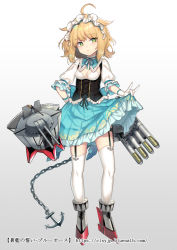 Rule 34 | 1girl, ahoge, anchor, blonde hair, blue oath, blue skirt, blush, breasts, cannon, chain, character request, closed mouth, corset, garter straps, gloves, gradient background, green eyes, grey background, grey footwear, itamidome, medium breasts, official art, pleated skirt, puffy short sleeves, puffy sleeves, rudder footwear, shirt, short sleeves, skirt, skirt hold, solo, standing, thighhighs, torpedo, turret, watermark, web address, white background, white gloves, white shirt, white thighhighs