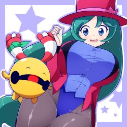Rule 34 | 1girl, a-ktoo, alternate breast size, blue eyes, breasts, brown pantyhose, buttons, chingling, coat, commentary request, creatures (company), francesca (pokemon), game freak, gen 4 pokemon, green hair, hand up, hat, hat ribbon, highres, large breasts, leotard, long hair, long sleeves, looking down, nintendo, pantyhose, pink coat, pink headwear, pokemon, pokemon (anime), pokemon (creature), pokemon dppt (anime), purple shirt, ribbon, shirt, star (symbol), top hat, two-tone background