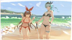 Rule 34 | 2girls, ;d, amber (genshin impact), beach, bikini, black bikini, blue hair, breasts, brown hair, cleavage, da (datako), day, eula (genshin impact), genshin impact, hairband, hand on own hip, large breasts, leaning forward, long hair, looking at viewer, medium breasts, multiple girls, navel, ocean, one eye closed, open mouth, outdoors, red bikini, smile, standing, swimsuit, sword, thighlet, underboob, weapon, wristband, yellow eyes