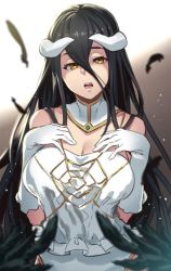 Rule 34 | 1girl, albedo (overlord), black hair, black wings, breasts, cleavage, detached collar, gloves, gradient background, hands on own chest, horns, houtengeki, long hair, looking at viewer, open mouth, overlord (maruyama), solo, teeth, white gloves, wings, yellow eyes