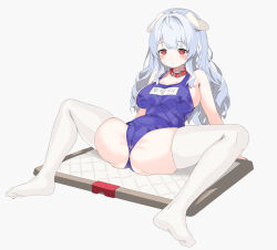 Rule 34 | 1girl, absurdres, animal ears, blue one-piece swimsuit, blush, breasts, cameltoe, cleft of venus, closed mouth, collar, commentary, full body, gogoco, grey background, grey hair, highres, korean text, large breasts, long hair, name tag, one-piece swimsuit, original, red collar, red eyes, school swimsuit, simple background, skindentation, solo, spread legs, swimsuit, symbol-only commentary, thighhighs, white thighhighs