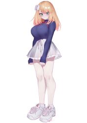 Rule 34 | 1girl, absurdres, bare legs, blonde hair, blue shirt, blush, bow, bra visible through clothes, breasts, centaureissi (neural cloud), commentary, eonsang, full body, g36 (girls&#039; frontline), girls&#039; frontline, girls&#039; frontline 2: exilium, hair bow, highres, large breasts, long hair, long sleeves, looking at viewer, miniskirt, pink skirt, see-through, see-through silhouette, see-through skirt, shirt, shoes, simple background, skirt, sneakers, solo, standing, white background, white skirt