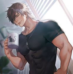 Rule 34 | 1boy, backlighting, belmond banderas, black shirt, window blinds, blurry, blurry background, brown eyes, brown hair, closed mouth, commentary request, cup, depth of field, hand up, highres, holding, holding cup, indoors, looking at viewer, male focus, mug, nijisanji, pectorals, riz3, shirt, short sleeves, smile, solo, star (symbol), steam, sunlight, upper body, virtual youtuber, window