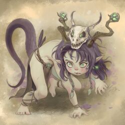 Rule 34 | 1boy, all fours, barefoot, child, claws, commentary, english commentary, fangs, green eyes, highres, kemonomimi mode, loincloth, male focus, medium hair, moonshen timojim, orb, original, pointy ears, purple eyes, skull, solo, tail, toes, topless male, tribal