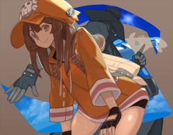 Rule 34 | 1boy, 1girl, aircraft, airship, anchor symbol, backpack, badge, bag, black gloves, black shorts, blue sky, brown eyes, brown hair, closed mouth, commentary, cowboy shot, day, fingerless gloves, gloves, guilty gear, guilty gear strive, hat, index finger raised, johnny (guilty gear), leaning forward, long hair, may (guilty gear), orange headwear, orange shirt, outdoors, pirate, pirate hat, shaded face, shirt, shorts, skull and crossbones, sky, smile, strap, sunglasses, teke (exploration), thighs