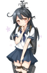 Rule 34 | 10s, 1girl, ahoge, black hair, blush, covering privates, covering crotch, flying sweatdrops, kani biimu, kantai collection, long hair, looking at viewer, personification, school uniform, serafuku, simple background, skirt, solo, ushio (kancolle), white background
