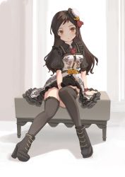 Rule 34 | 1girl, :o, absurdres, arm support, between legs, black dress, black footwear, black thighhighs, boots, brown eyes, brown hair, collared dress, dress, flower, frilled dress, frills, full body, gem, hand between legs, hat, high heel boots, high heels, highres, idolmaster, idolmaster million live!, idolmaster million live! theater days, juu p, kitazawa shiho, lolita fashion, long hair, looking at viewer, mini hat, ottoman, puffy short sleeves, puffy sleeves, ribbed sleeves, rose, short sleeves, sitting, solo, thighhighs, tilted headwear, white dress, white hat, yellow flower, yellow rose