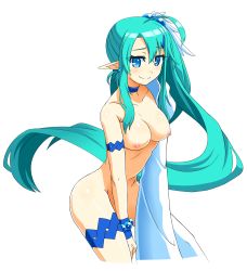 Rule 34 | 1girl, absurdres, ahoge, blue eyes, bracelet, breasts, choker, earrings, goushu, green hair, hair bobbles, hair ornament, highres, jewelry, large breasts, leaning forward, long hair, looking at viewer, m.u.g.e.n, mia misciano, nipples, original, pointy ears, side ponytail, simple background, smile, solo, thigh strap, very long hair, white background