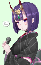 Rule 34 | 1girl, absurdres, black kimono, bob cut, eyeliner, facial mark, fate/grand order, fate (series), headpiece, highres, holding, holding microphone, horns, japanese clothes, kimono, lostroom outfit (fate), makeup, microphone, obi, oni, particle sfs, purple eyes, purple hair, sash, short eyebrows, short hair, shuten douji (fate), shuten douji (lostroom outfit) (fate), skin-covered horns, solo, speech bubble, spoken squiggle, squiggle, teardrop, upper body