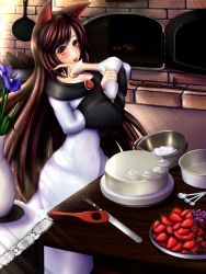 Rule 34 | 1girl, :p, animal ears, baking, blush, brick oven, brown hair, cake, collarbone, cream, dress, fingernails, flower, food, fruit, highres, imaizumi kagerou, indoors, jewelry, kitchen, knife, licking, licking hand, long hair, long sleeves, looking at viewer, oven, plant, red eyes, redoredo (godprogress), smile, solo, spoon, strawberry, tongue, tongue out, touhou, vase, werewolf, wolf ears