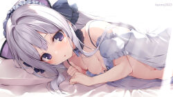 Rule 34 | 1girl, arm garter, bed sheet, black choker, black ribbon, breasts, choker, commentary request, frilled choker, frills, grey hair, hair ribbon, karory, long hair, looking at viewer, lying, maid headdress, navel, on side, original, pillow, purple eyes, ribbon, simple background, small breasts, solo, twitter username, white background
