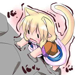 Rule 34 | 1girl, animal ears, blonde hair, cat ears, cat girl, cat tail, chibi, climbing, commentary request, extra ears, female focus, gradient background, hoshizuki (seigetsu), kemonomimi mode, mizuhashi parsee, open mouth, puru-see (hoshizuki (seigetsu)), scarf, solo, tail, touhou, trembling, white background