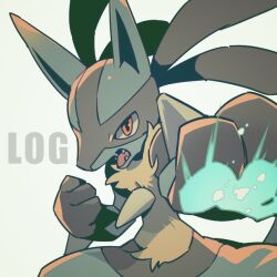 Rule 34 | animal focus, artist name, clenched hand, commentary request, creatures (company), english text, foreshortening, game freak, gen 4 pokemon, glowing hands, incoming attack, lucario, nintendo, no humans, open mouth, outstretched arm, pokemon, pokemon (creature), red eyes, sharp teeth, simple background, slit pupils, standing, straight-on, teeth, tetori, tongue