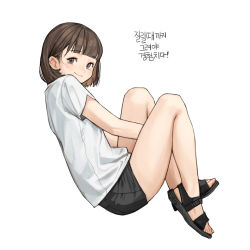 Rule 34 | 1girl, bare legs, black footwear, black shorts, brown hair, full body, highres, knees up, looking at viewer, original, rinotuna, sandals, shirt, short hair, short sleeves, shorts, simple background, smile, solo, white background, white shirt