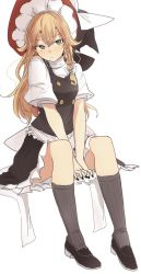 Rule 34 | 1girl, apron, black footwear, black hat, black nails, black shirt, black skirt, black socks, bow, braid, brown eyes, closed mouth, commentary, frilled skirt, frills, frown, hair ribbon, hat, hat bow, head tilt, highres, invisible chair, kirisame marisa, large bow, layered clothes, loafers, long hair, looking at viewer, miniskirt, nail polish, necro (nekurodayo), ribbon, shirt, shoes, short sleeves, side braid, simple background, sitting, skirt, skirt set, socks, solo, tank top, touhou, v arms, waist apron, white apron, white background, white bow, white ribbon, white shirt, witch hat