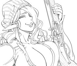 Rule 34 | 1girl, antique firearm, arquebus, bb (baalbuddy), breasts, cleavage, commentary, english commentary, firearm, greyscale, gun, hair over one eye, highres, holding, holding gun, holding weapon, large breasts, long hair, long sleeves, looking at viewer, monochrome, one eye covered, original, parted lips, pointy ears, rifle, simple background, smile, solo, upper body, weapon, white background