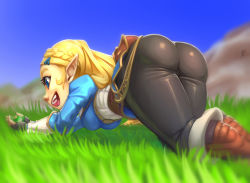 Rule 34 | 1girl, ass, blue eyes, boots, elf, huge ass, nintendo, pantyhose, pointy ears, princess zelda, shine, smile, solo, tagme, the legend of zelda, the legend of zelda: breath of the wild, thick thighs, thighs, wide hips