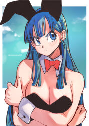 Rule 34 | 1girl, aosora2823, bare shoulders, blue eyes, blue hair, breasts, bulma, cleavage, dragon ball, frown, highres, large breasts, leotard, long hair, looking at viewer, necktie, playboy bunny, solo