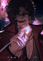 Rule 34 | 1boy, brown hair, closed eyes, coat, dated, gem, gintama, glowing, highres, holding, long sleeves, male focus, open mouth, popped collar, red coat, sakamoto tatsuma, sky, space, star (sky), starry sky, sunglasses, tatsu (tatsumccree), upper body