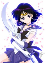 Rule 34 | 1girl, back bow, bishoujo senshi sailor moon, black hair, bob cut, boots, bow, brooch, brown bow, choker, circlet, closed mouth, cowboy shot, earrings, elbow gloves, gloves, head tilt, heart, heart brooch, holding, holding polearm, holding weapon, jewelry, knee boots, looking at viewer, magical girl, marco albiero, official style, pink petals, pleated skirt, polearm, purple choker, purple eyes, purple footwear, purple sailor collar, purple skirt, sailor collar, sailor saturn, sailor senshi uniform, short hair, signature, silence glaive, skirt, smile, solo, split mouth, star (symbol), star choker, super sailor saturn, tamegai katsumi (style), tomoe hotaru, weapon, white background, white gloves
