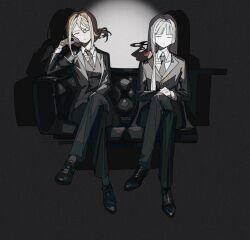 Rule 34 | 2girls, black background, black footwear, black gloves, black jacket, black necktie, black pants, black vest, blonde hair, chinese commentary, closed eyes, closed mouth, collared shirt, commentary request, contemporary, couch, crossed legs, dikke, dress shoes, expressionless, gloves, grey hair, half-closed eyes, jacket, ligne claire, long hair, looking at viewer, mole, mole on cheek, multiple girls, necktie, on couch, orange eyes, pants, reverse:1999, shirt, sitting, tennant (reverse:1999), vest, waistcoat, white shirt, zhizhizi