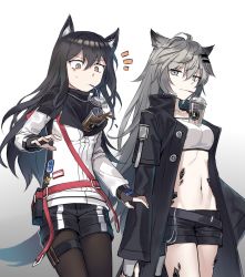 Rule 34 | 2girls, animal ears, arknights, bad id, bad pixiv id, bandeau, belt, belt pouch, black capelet, black coat, black gloves, black hair, black legwear, black shorts, breasts, brown eyes, bubble tea challenge, capelet, chinese commentary, coat, collarbone, commentary request, cowboy shot, cup, disposable cup, drinking straw, failure, fingerless gloves, gloom (expression), gloves, gradient background, grey background, grey eyes, grey gloves, grey hair, hair between eyes, hair ornament, hairclip, kataokasan, lappland (arknights), leg belt, long hair, long sleeves, looking at viewer, loose belt, material growth, medium breasts, midriff, multiple girls, navel, notice lines, object on breast, open clothes, open coat, oripathy lesion (arknights), pantyhose, pouch, scar, scar across eye, scar on face, shirt, short shorts, shorts, small breasts, smile, spilling, standing, star (symbol), stomach, strap, sweatdrop, texas (arknights), thighs, very long hair, white background, white shirt