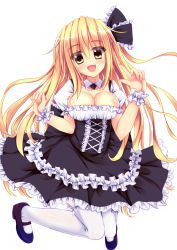 Rule 34 | 1girl, :d, angel koman, black dress, blonde hair, breasts, cleavage, cross-laced clothes, dress, full body, highres, jumping, large breasts, layered dress, long hair, looking at viewer, mary janes, nanairo fuusen, open mouth, original, puffy short sleeves, puffy sleeves, shoes, short sleeves, simple background, smile, solo, tareme, thighhighs, white background, white thighhighs, yellow eyes