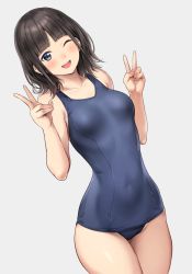 Rule 34 | 1girl, :d, black eyes, black hair, blunt bangs, blush, breasts, collarbone, cowboy shot, double v, gradient background, grey background, hands up, highres, looking at viewer, medium breasts, medium hair, mole, mole on neck, nijisanji, one-piece swimsuit, one eye closed, open mouth, school swimsuit, serizawa (serizawaroom), simple background, smile, solo, suzuka utako, swimsuit, tagme, v, virtual youtuber