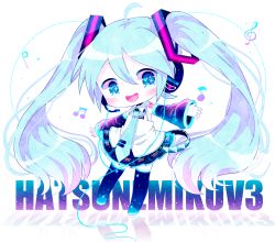 Rule 34 | 1girl, :d, ahoge, bad id, bad pixiv id, blouse, blue eyes, blue hair, blue necktie, blush, cable, character name, chibi, collared shirt, detached sleeves, full body, haru431, hatsune miku, hatsune miku (vocaloid3), headset, highres, light blue hair, long hair, looking at viewer, miniskirt, musical note, necktie, open mouth, see-through, see-through sleeves, shirt, shoulder tattoo, skirt, smile, solo, sparkling eyes, strap, tattoo, tie clip, twintails, very long hair, vocaloid, white shirt