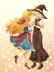Rule 34 | 2girls, alice margatroid, alice margatroid (cosplay), alternate color, bad id, bad pixiv id, blonde hair, cosplay, costume switch, female focus, holding hands, hat, high heels, kirisame marisa, kirisame marisa (cosplay), long hair, meg (artist), meg maru2, multiple girls, shoes, short hair, touhou, witch, witch hat, yuri