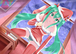 Rule 34 | 1girl, alternate costume, bag, bare shoulders, blush, book, breasts, cameltoe, catstudioinc, catstudioinc (punepuni), cleavage, collarbone, curtains, green eyes, green hair, green panties, hair ribbon, hat, hatsune miku, highres, long hair, long sleeves, looking at viewer, matching hair/eyes, over shoulder, panties, pantyshot, red thighhighs, ribbon, santa costume, santa hat, signature, snowing, solo, standing, striped clothes, striped panties, table, thighhighs, twintails, underwear, upskirt, very long hair, vocaloid, window