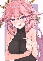 Rule 34 | 1girl, alternate costume, animal ears, ayamal (mainichi ryokucha), bare shoulders, black leotard, blush, border, breasts, collarbone, commentary request, earrings, fang, fox ears, gem, genshin impact, gold trim, hair between eyes, hair ornament, hands up, highres, jewelry, large breasts, leotard, lips, long hair, looking at viewer, mitsudomoe (shape), open mouth, outside border, pink hair, purple background, purple eyes, purple gemstone, sidelocks, simple background, smile, solo, sweat, tomoe (symbol), tongue, v-shaped eyebrows, white border, yae miko