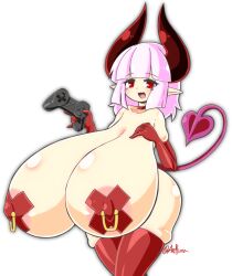 Rule 34 | 1girl, areola slip, ayazumi flutter, breasts, controller, cross pasties, demon girl, demon horns, demon tail, elbow gloves, female focus, game controller, gigantic breasts, gloves, holding, holding controller, horns, looking at viewer, open mouth, original, pasties, pink hair, playstation controller, pointy ears, red eyes, red gloves, red pasties, red thighhighs, shiny skin, short hair, skindentation, solo, standing, tail, tail raised, thick thighs, thighhighs, thighs, white background, wide hips