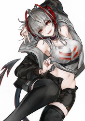 Rule 34 | 1girl, absurdres, akasabi, antennae, arknights, black jacket, black shorts, black thighhighs, collarbone, demon girl, demon horns, demon tail, grey hair, highres, horns, jacket, looking at viewer, navel, official alternate costume, open clothes, open fly, open jacket, red eyes, red nails, short hair, short shorts, shorts, simple background, smile, solo, tail, tank top, thighhighs, w (arknights), white background, white tank top