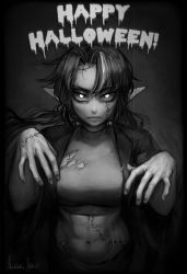 Rule 34 | 1girl, abs, absurdres, closed mouth, coat, commentary, english commentary, english text, fingernails, greyscale, happy halloween, highres, long hair, looking at viewer, matilda fiship, monochrome, multicolored hair, muscular, muscular female, navel, olivia (matilda fiship), open clothes, open coat, original, pointy ears, sanpaku, solo, stitched face, stitched hand, stitches, streaked hair, tank top, upper body, zombie