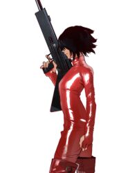 Rule 34 | 1girl, absurdres, black hair, bodysuit, boots, closed mouth, from side, gun, hair over eyes, hand up, highres, holding, holding gun, holding weapon, isaacchief300, ishii o-ren, kill bill, red bodysuit, red footwear, short hair, simple background, solo, thigh boots, weapon, white background