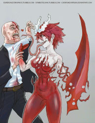 Rule 34 | 1boy, 1girl, arm blade, artist name, blood, blood from mouth, blood on clothes, blood on face, blood on hands, breasts, carnage (marvel), colored skin, deviantart, genderswap, genderswap (mtf), hair ribbon, heart, highres, humanization, long tongue, marvel, monster girl, muscular, open mouth, personification, red hair, red skin, red theme, ribbon, sharp teeth, short hair, simple background, smile, somersaultdropkick, spider-man (series), symbiote, symbol, teeth, tongue, tongue out, watermark, weapon, web address, yandere