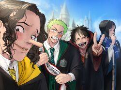 Rule 34 | 1girl, 3boys, alternate costume, black hair, blue scarf, blunt bangs, blush, castle, closed eyes, closed mouth, cosplay, crossover, curly hair, day, facial scar, green hair, green necktie, harry potter (series), highres, hisarakanoi, long hair, long nose, looking at viewer, monkey d. luffy, multiple boys, necktie, nico robin, one piece, open mouth, outdoors, parted bangs, roronoa zoro, scar, scar on cheek, scar on face, scarf, selfie, short hair, smile, teeth, usopp, v, wavy hair, wizarding world, yellow necktie