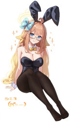 Rule 34 | 1girl, absurdres, ahoge, alternate costume, animal ears, bare shoulders, black leotard, black pantyhose, blue archive, blue eyes, blush, bow, bowtie, breasts, cleavage, closed mouth, commentary request, detached collar, fake animal ears, full body, glasses, halo, highres, invisible chair, large breasts, leotard, long hair, looking at viewer, medium breasts, no shoes, orange hair, pantyhose, playboy bunny, rabbit ears, rabbit tail, shimiko (blue archive), simple background, sitting, smile, solo, strapless, strapless leotard, tail, tansui san (tcjp4784), traditional bowtie, translation request, white background, wrist cuffs, yellow bow, yellow halo
