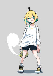 Rule 34 | 1girl, :d, amano pikamee, black shorts, blonde hair, blue eyes, blue hair, blush, hair between eyes, highres, holding kettle, long sleeves, looking at viewer, loose socks, multicolored hair, not nodu, open mouth, sharp teeth, shirt, shoes, shorts, smile, socks, solo, teeth, two-tone hair, virtual youtuber, voms, white shirt, white socks